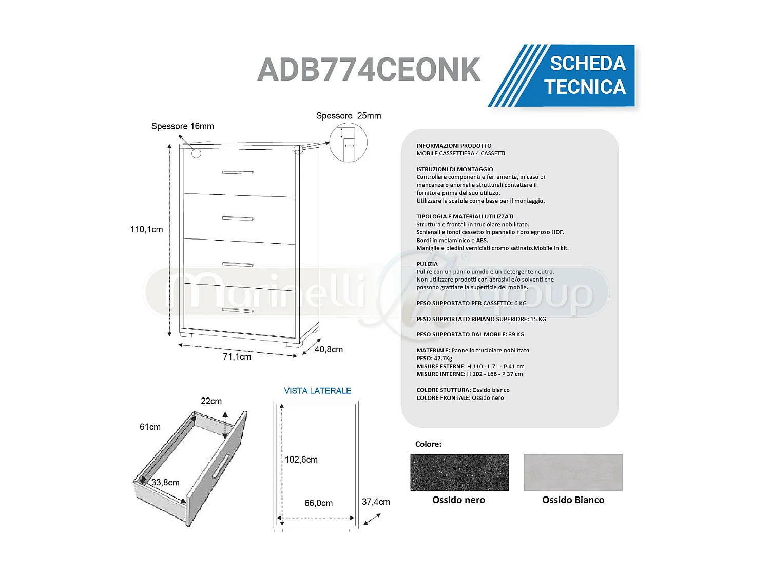 Mobile cassettiera con 4 cassetti ossido nero cemento ADB774CEONK