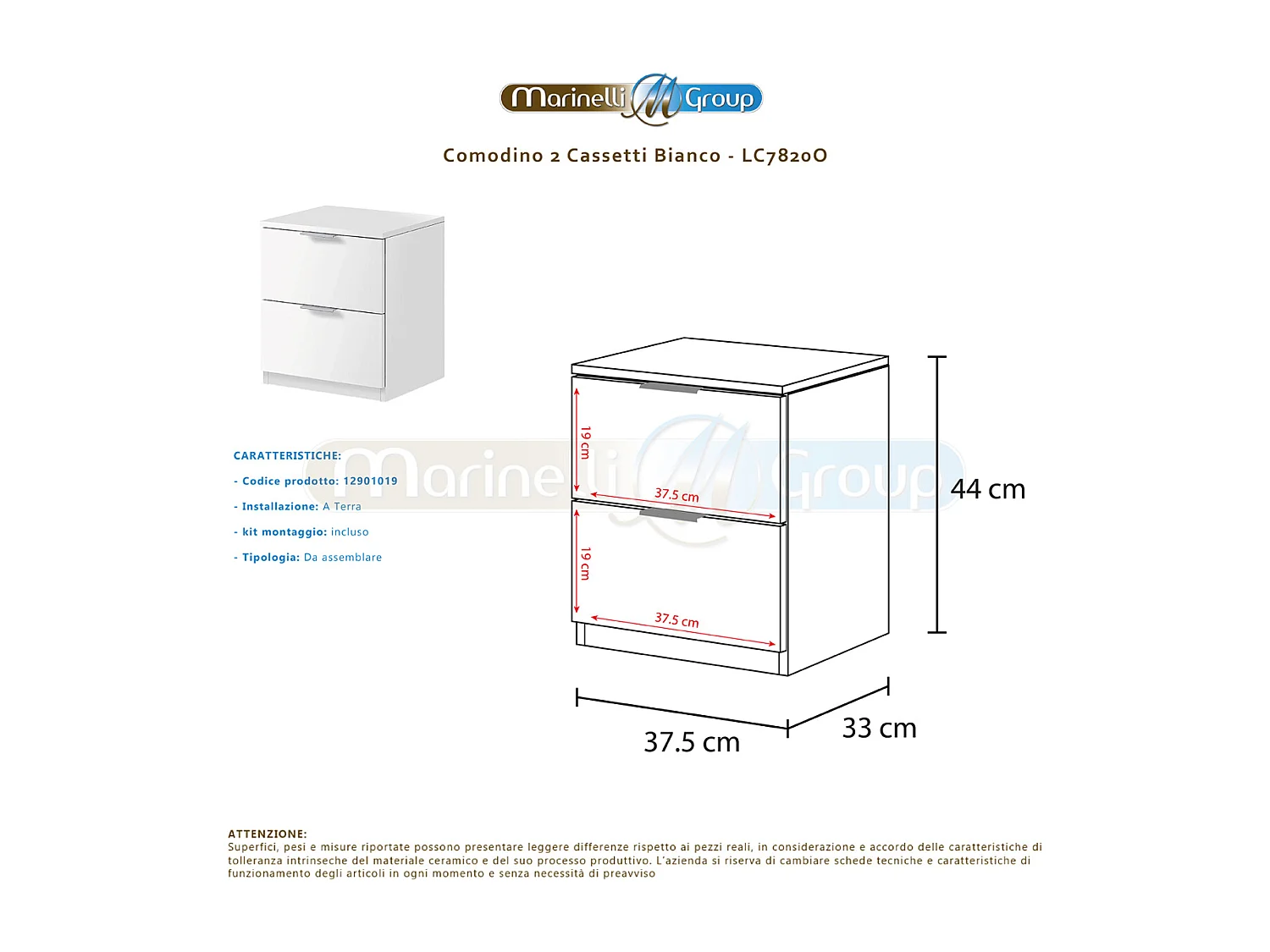 Comodino 2 cassetti 38 X 33 X 44 cm BIANCO camera da letto senza piedi - LC7820O