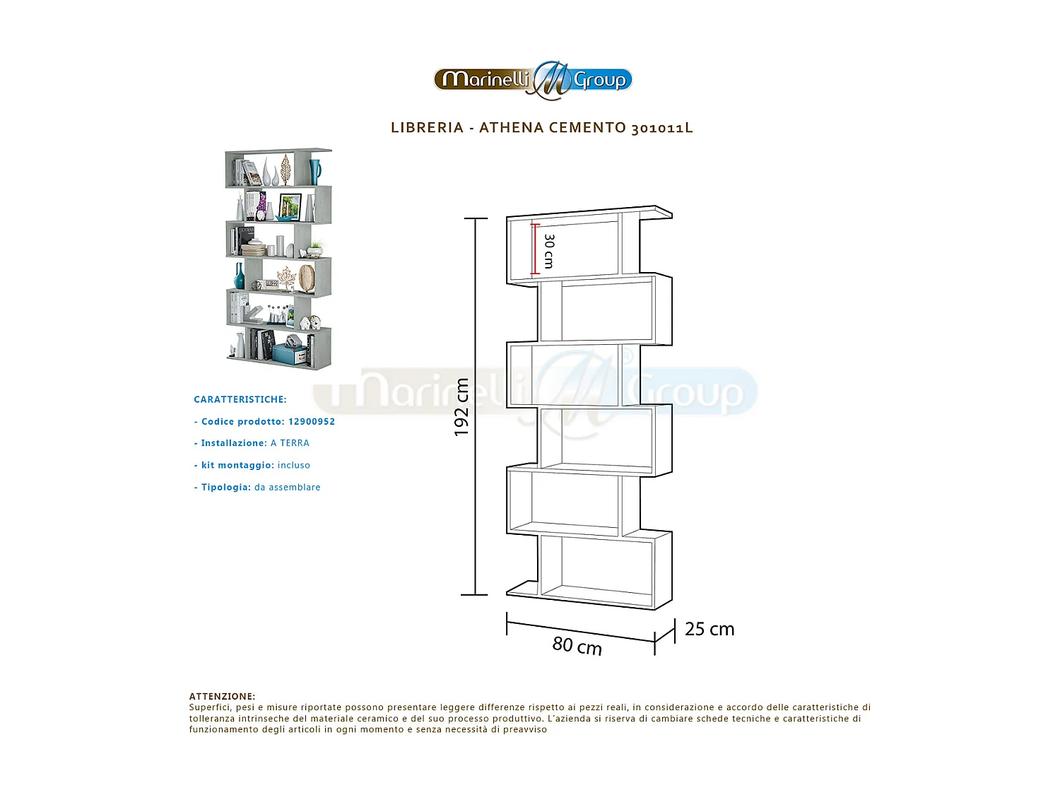 Libreria scaffale multiuso CEMENTO con Ripiani 80 X 25 X 192 cm salone studio camera - 301011L