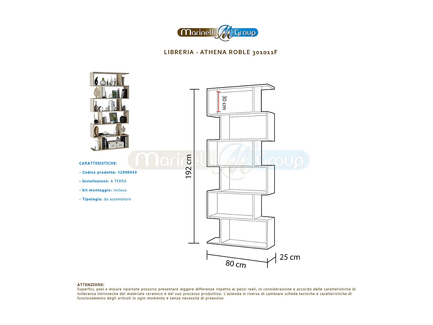 Libreria scaffale multiuso ROVERE con Ripiani 80 X 25 X 192 cm salone studio camera - 301013F