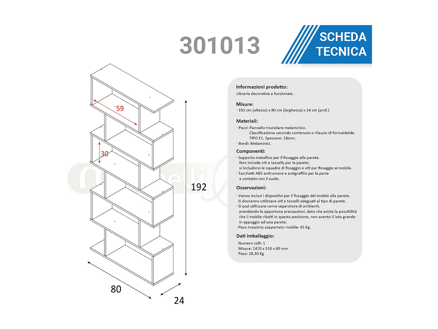 Libreria scaffale multiuso BIANCA con Ripiani 80 X 25 X 192 cm salone studio camera - 301013BO