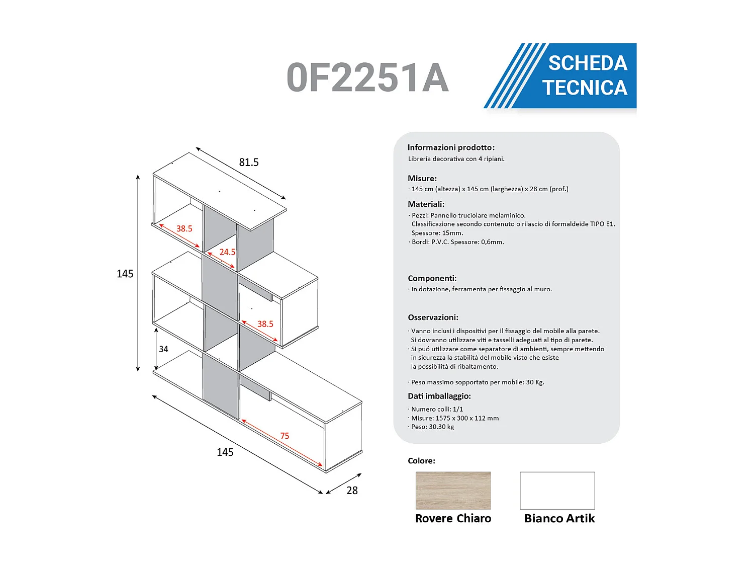 Libreria scaffale multiuso zig zag ROVERE+BIANCO con ripiani 145 X 29 X 145 cm salone studio camera 0F2251A