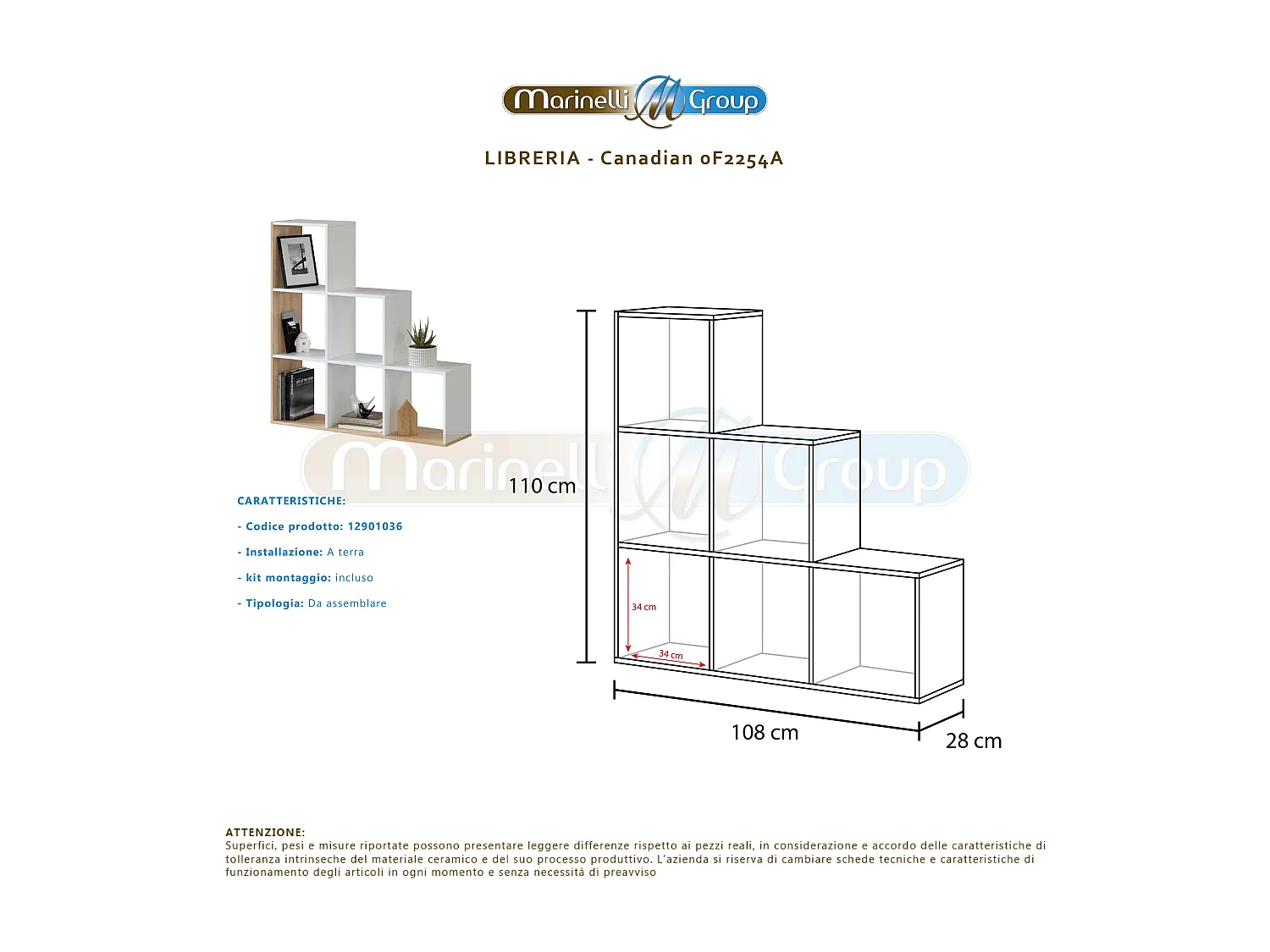 Libreria scaffale multiuso BIANCO e ROVERE con ripiani 108 X 28 X 110 cm salone studio camera 0F2254A