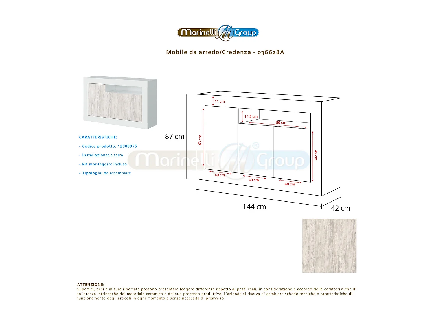 Mobile credenza buffet BIANCO anticato 3 ante moderno 144 X 42 X 87 cm - 036628A