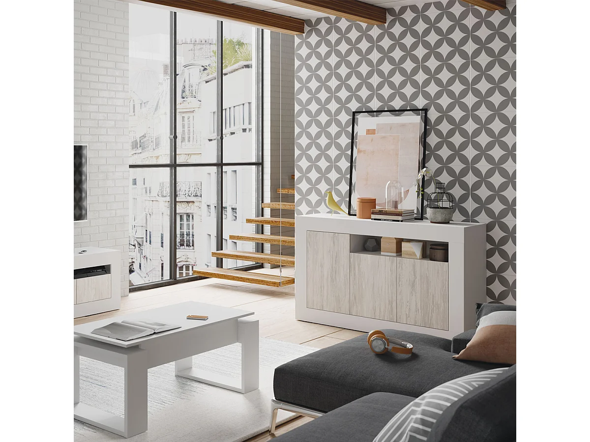 Mobile credenza buffet BIANCO anticato 3 ante moderno 144 X 42 X 87 cm - 036628A