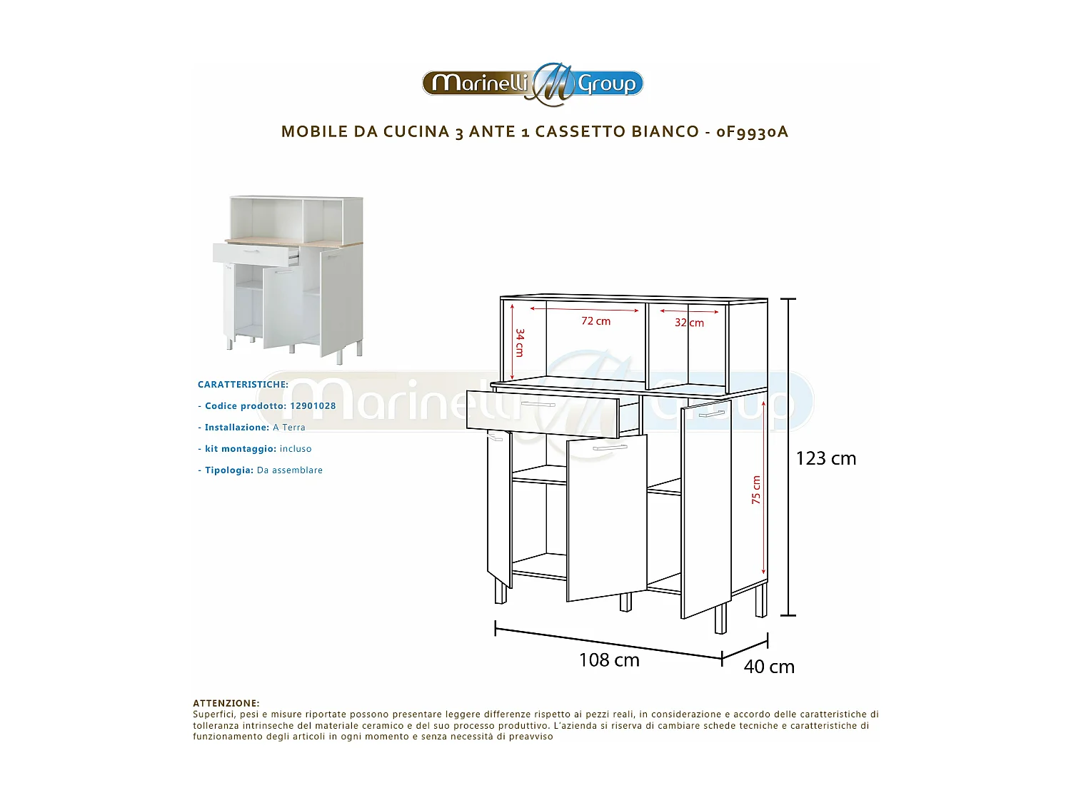 Mobile credenza cucina moderno BIANCO+ROVERE 3 ante cassetto 108 X 40 X 126 cm 0F9930A