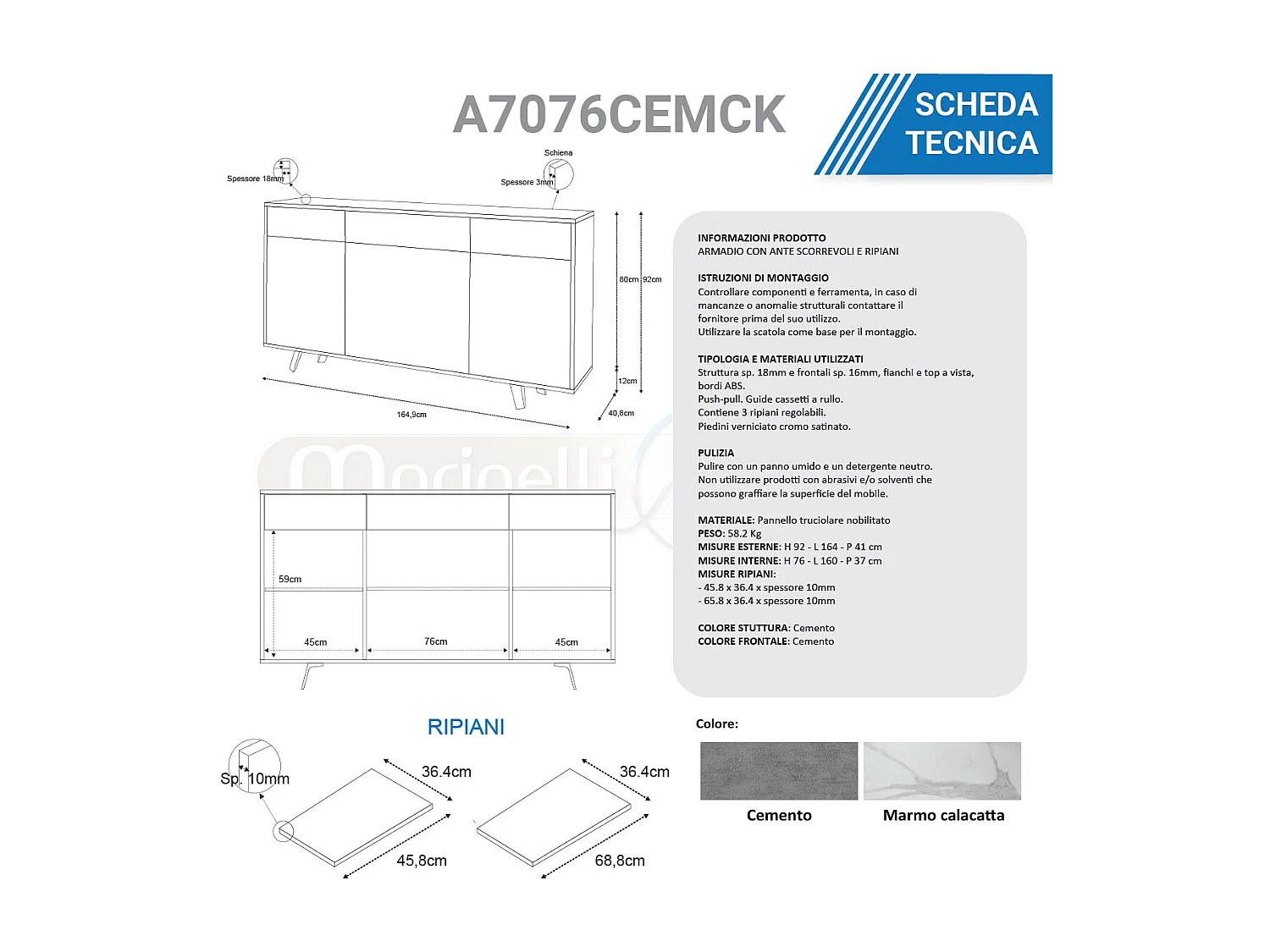 Mobile credenza madia con 3 cassetti cemento calacatta A7076CEMCK