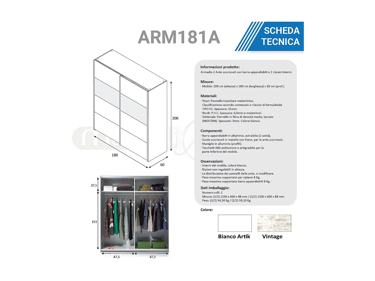 Armadio guardaroba appendiabiti 2 barre 2 ripiani bianco vintage ARM181A