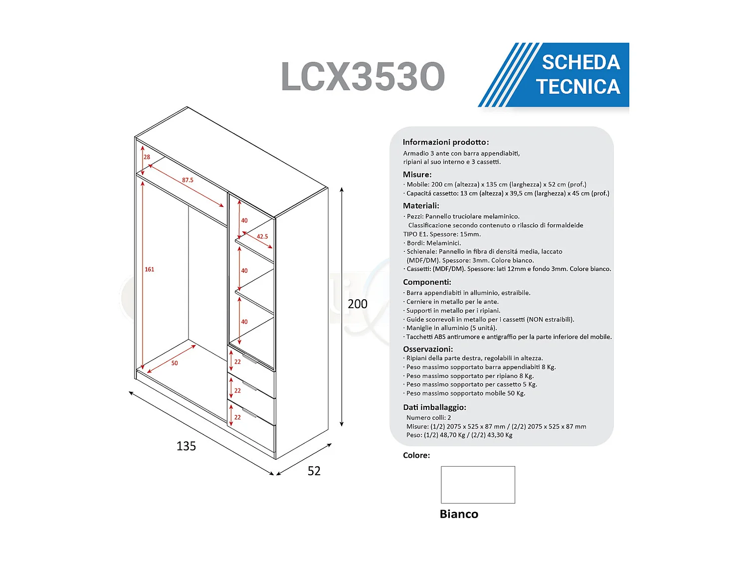 Armadio guardaroba appendiabiti bianco 3 ante + 3 cassetti LCX353O