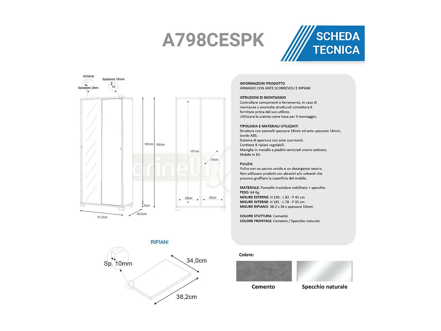 Armadio con ante scorrevoli specchio e ripiani cemento A798CESPK