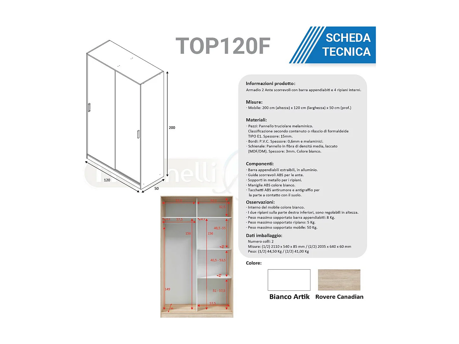 Armadio guardaroba appendiabiti 5 ripiani bianco rovere chiaro TOP120F