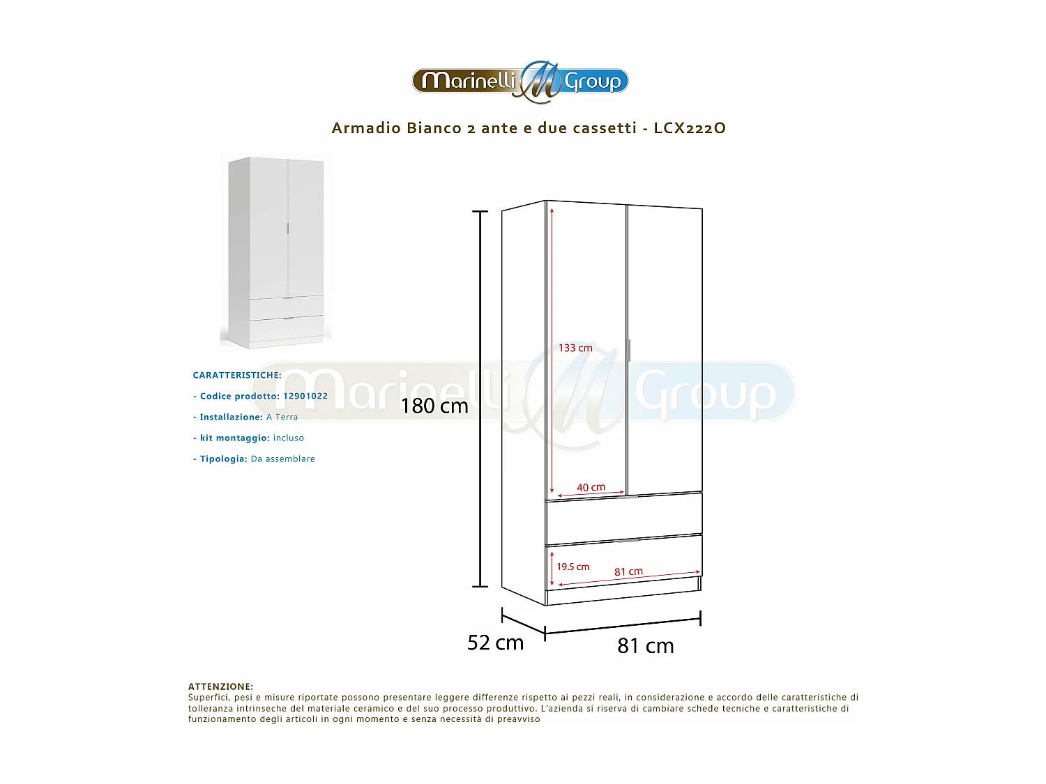 Armadio guardaroba asta appendiabiti 2 ante 2 cassettoni BIANCO 81 X 52 X 180 cm - LCX222O