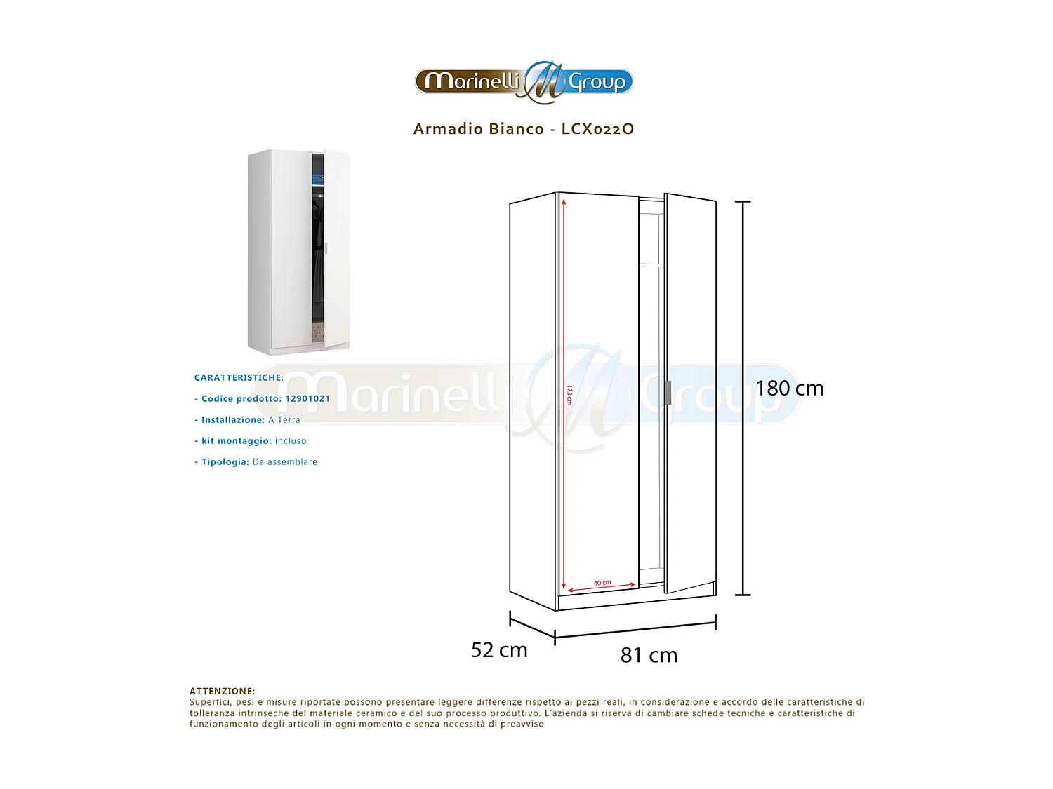 Armadio guardaroba asta appendiabiti 2 ante BIANCO 81 X 52 X 180 cm - LCX022O