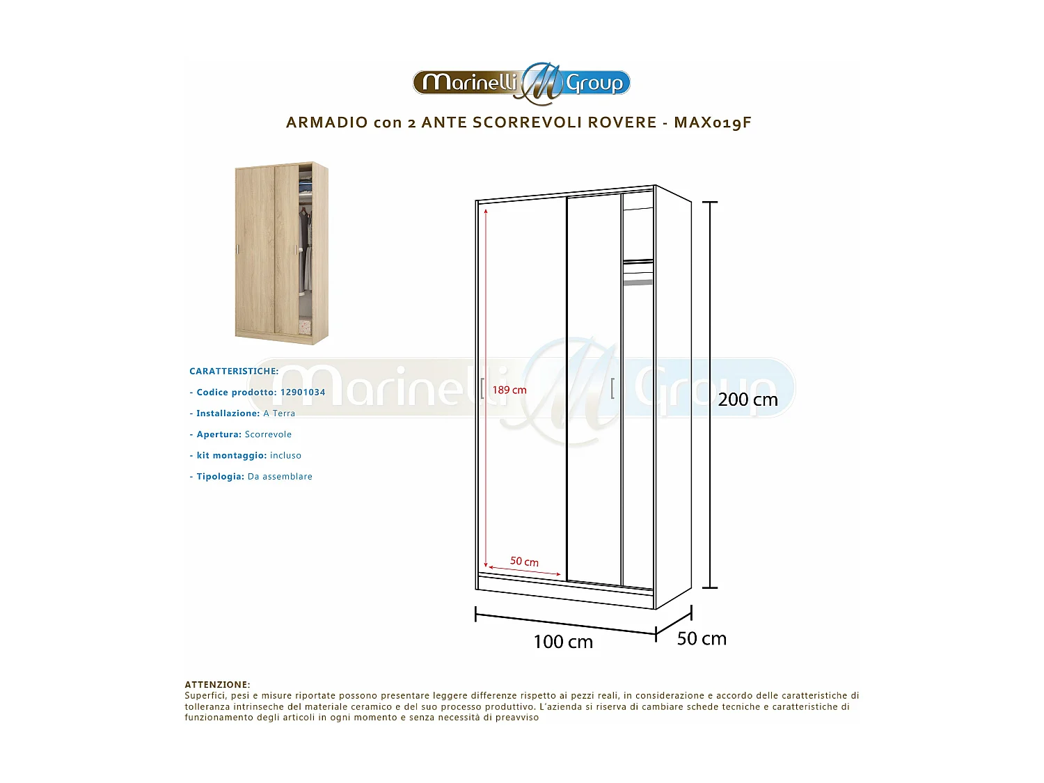 Armadio guardaroba asta appendiabiti 2 ante 2 ripiani ROVERE 100 X 50 X 200 cm - MAX019F