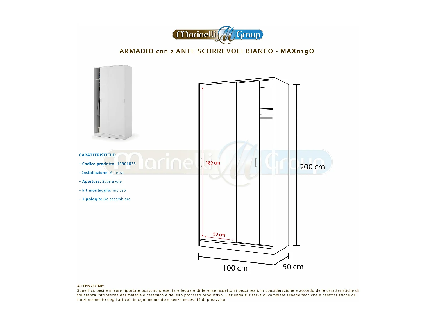 Armadio guardaroba asta appendiabiti 2 ante 2 ripiani BIANCO 100 X 50 X 200 cm - MAX019O
