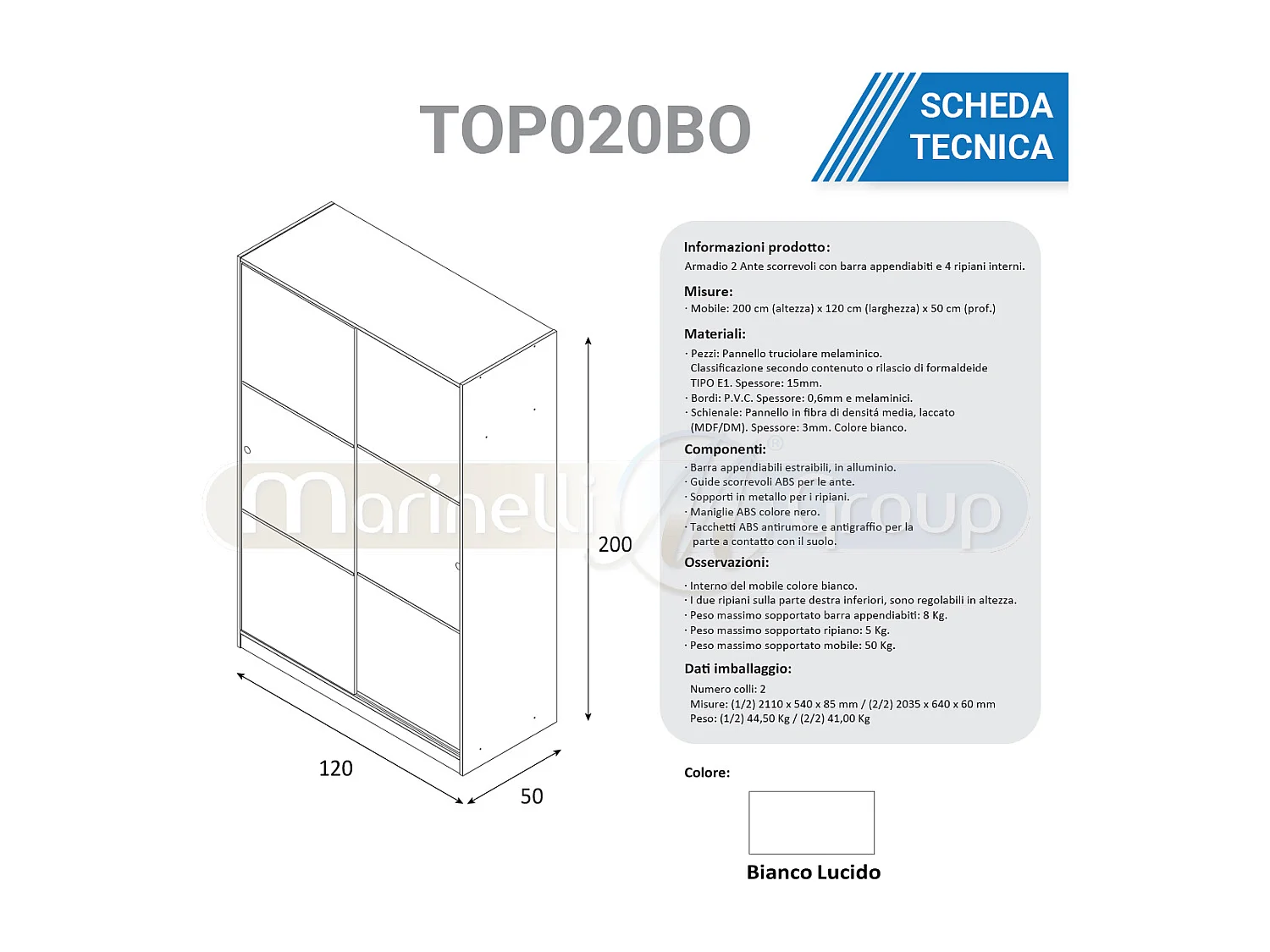 Armadio guardaroba asta appendiabiti 2 ante 5 ripiani BIANCO 120 X 50 X 200 cm - TOP020BO