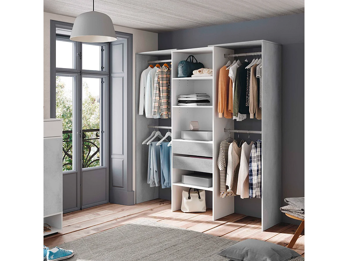 Armadio guardaroba appendiabiti 4 barre 4 ripiani BIANCO + CEMENTO 179 X 50 X 203 cm - 0L8552A