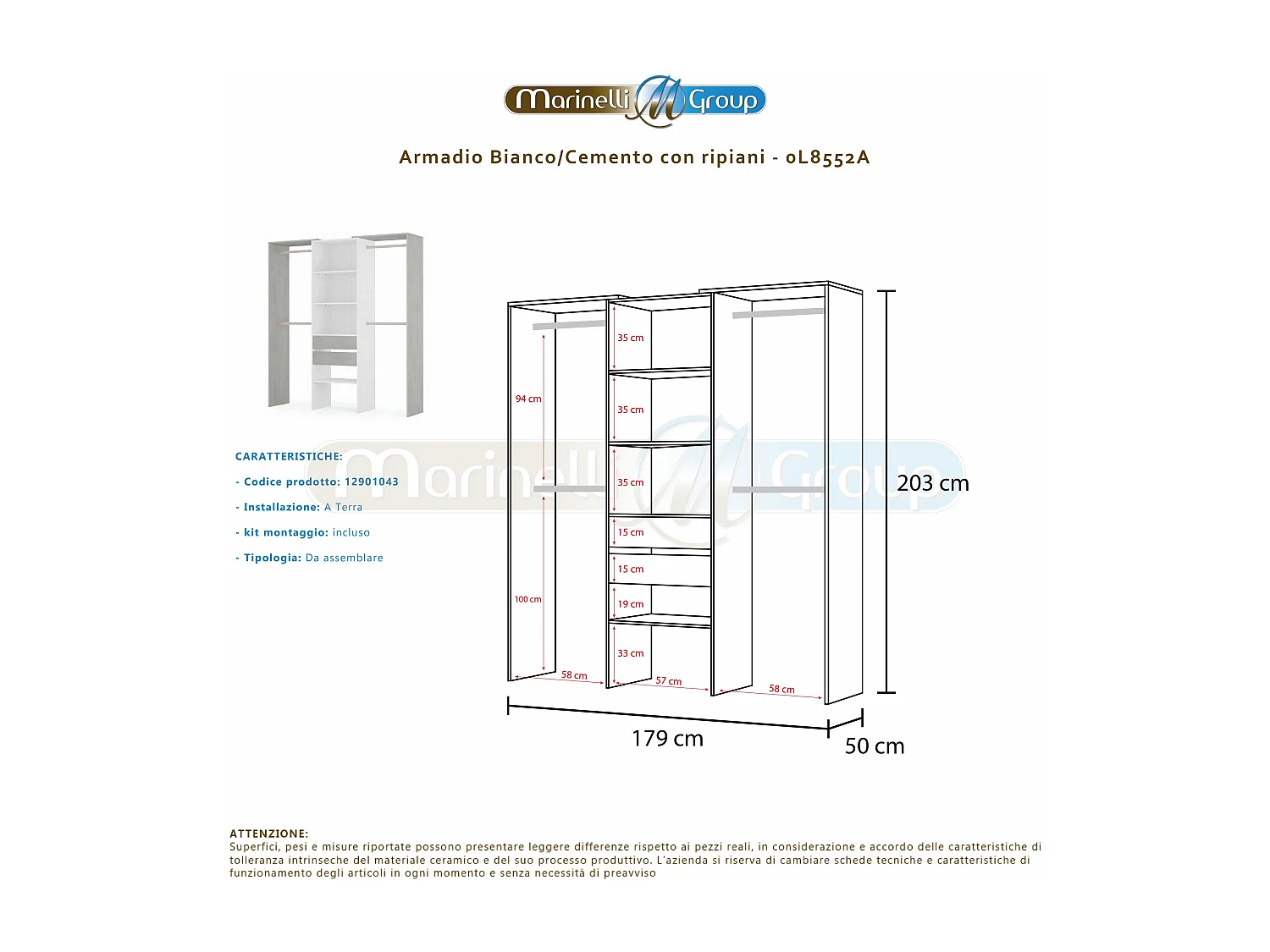 Armadio guardaroba appendiabiti 4 barre 4 ripiani BIANCO + CEMENTO 179 X 50 X 203 cm - 0L8552A