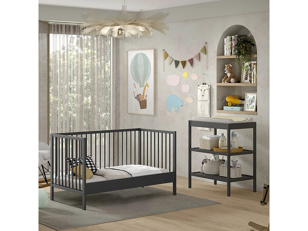 ELIOTT - Ensemble Lit Bébé Evolutif + Table à Langer en Hêtre Massif Laqué Anthracite