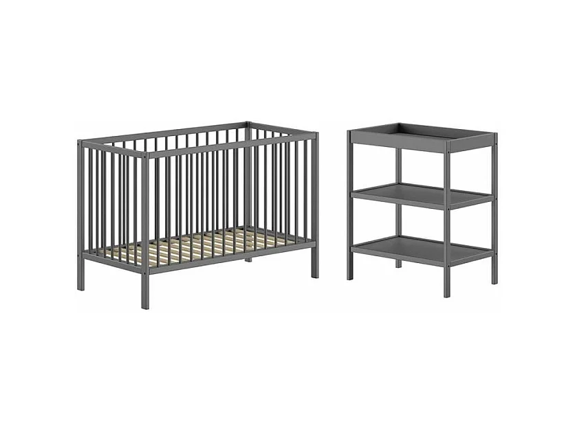 ELIOTT - Ensemble Lit Bébé Evolutif + Table à Langer en Hêtre Massif Laqué Anthracite