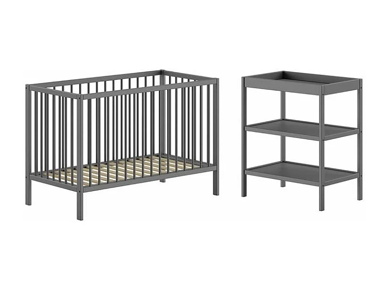 ELIOTT - Ensemble Lit Bébé Evolutif + Table à Langer en Hêtre Massif Laqué Anthracite