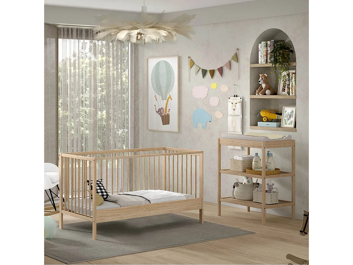 ELIOTT - Ensemble Lit Bébé Evolutif + Table à Langer en Hêtre Massif Vernis Naturel