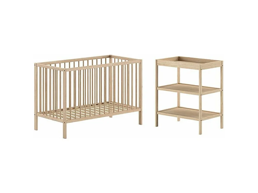 ELIOTT - Ensemble Lit Bébé Evolutif + Table à Langer en Hêtre Massif Vernis Naturel