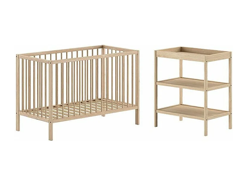 ELIOTT - Ensemble Lit Bébé Evolutif + Table à Langer en Hêtre Massif Vernis Naturel
