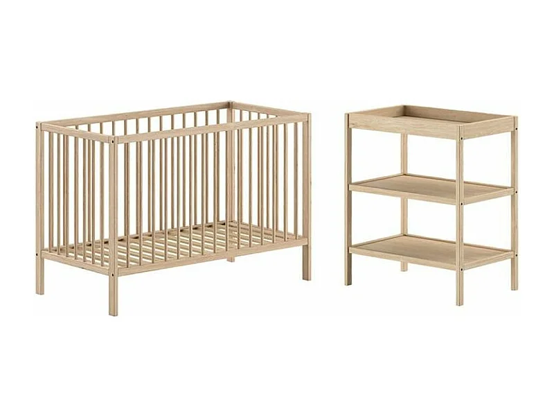 ELIOTT - Ensemble Lit Bébé Evolutif + Table à Langer en Hêtre Massif Vernis Naturel