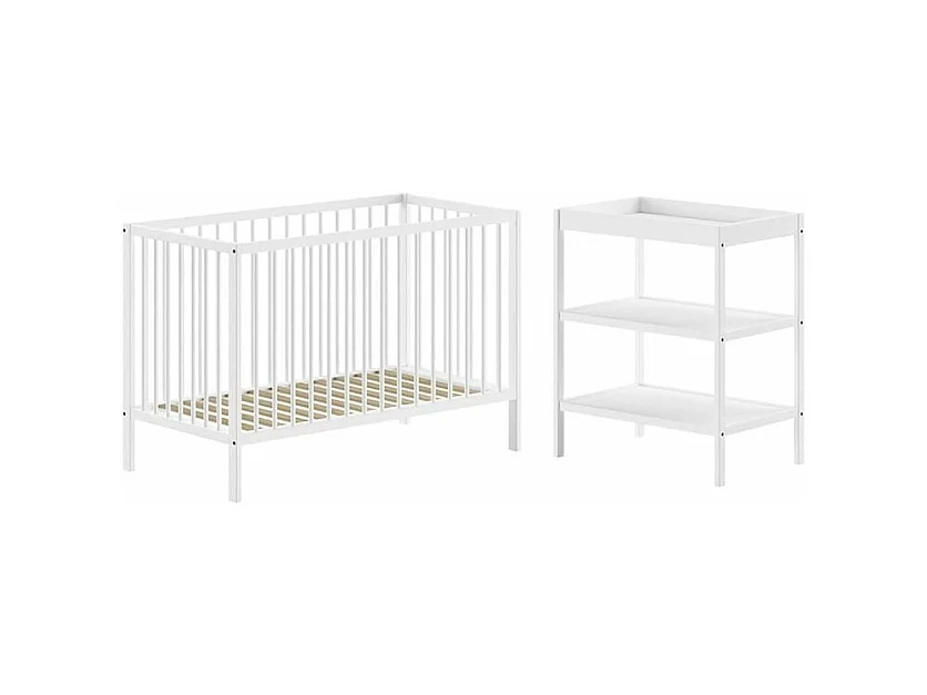ELIOTT - Ensemble Lit Bébé Evolutif + Table à Langer en Hêtre Massif Laqué Blanc