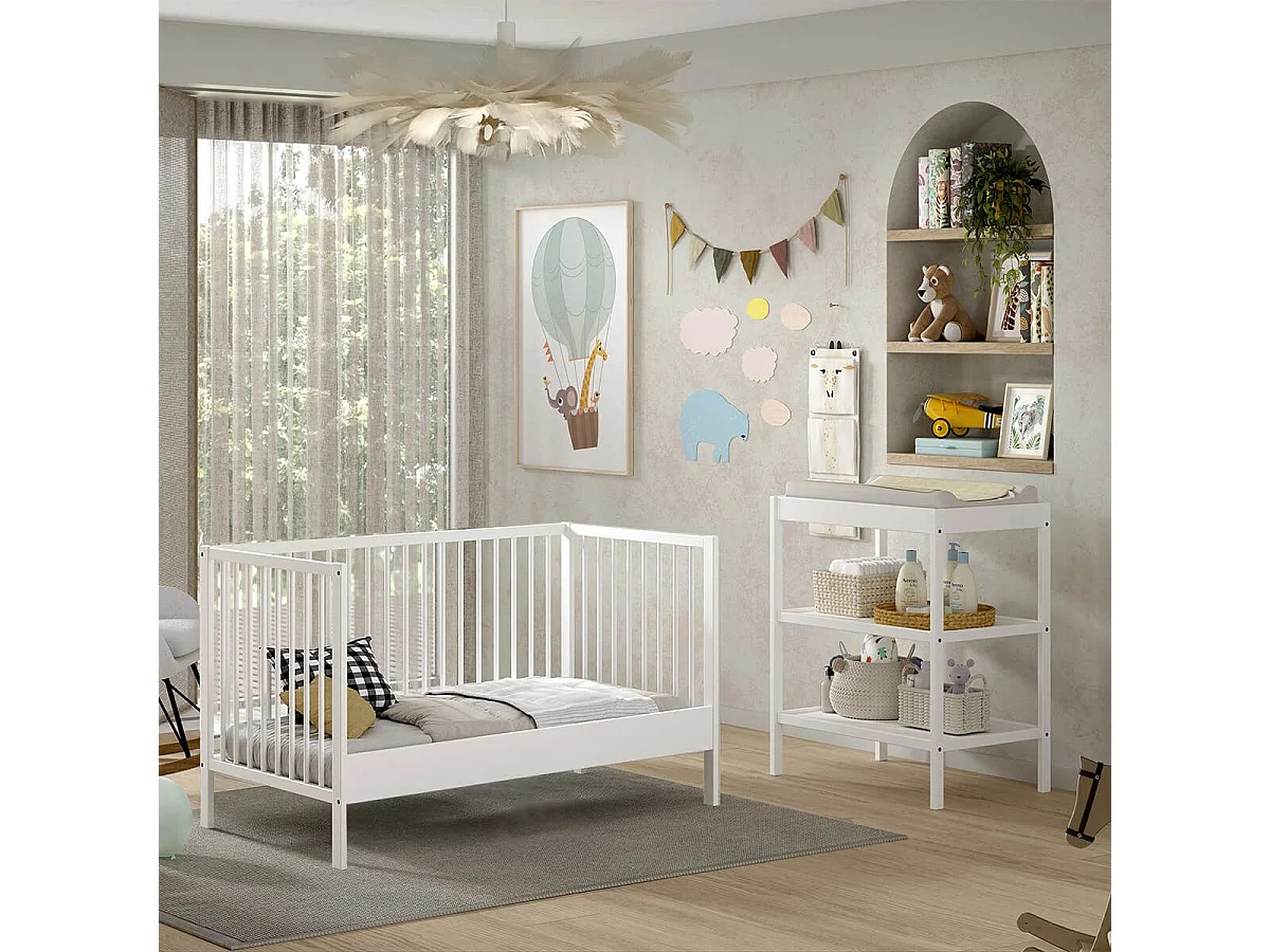 ELIOTT - Ensemble Lit Bébé Evolutif + Table à Langer en Hêtre Massif Laqué Blanc