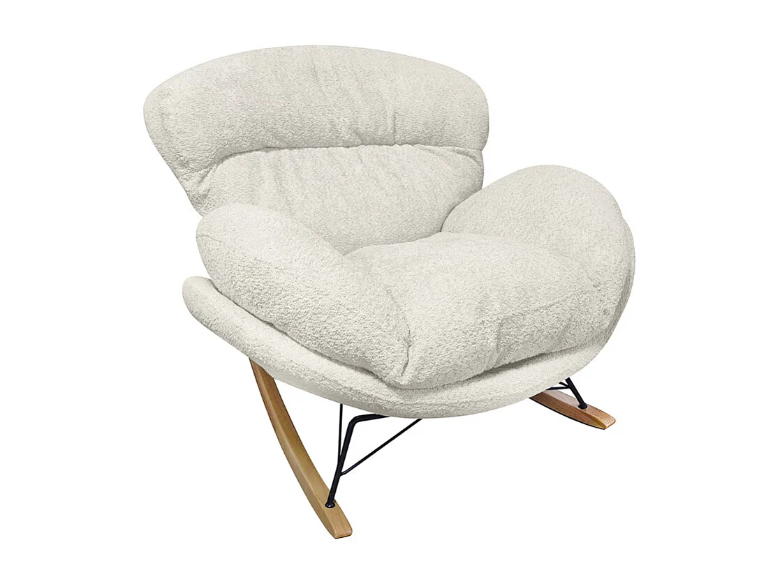 Fauteuil à bascule tissu bouclette beige pieds bois et métal - MIGUEL