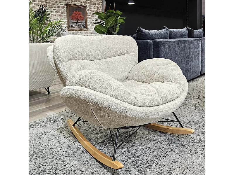 Fauteuil à bascule tissu bouclette beige pieds bois et métal - MIGUEL