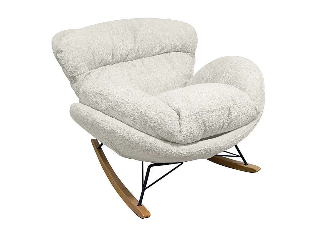 Fauteuil à bascule tissu bouclette beige pieds bois et métal - MIGUEL