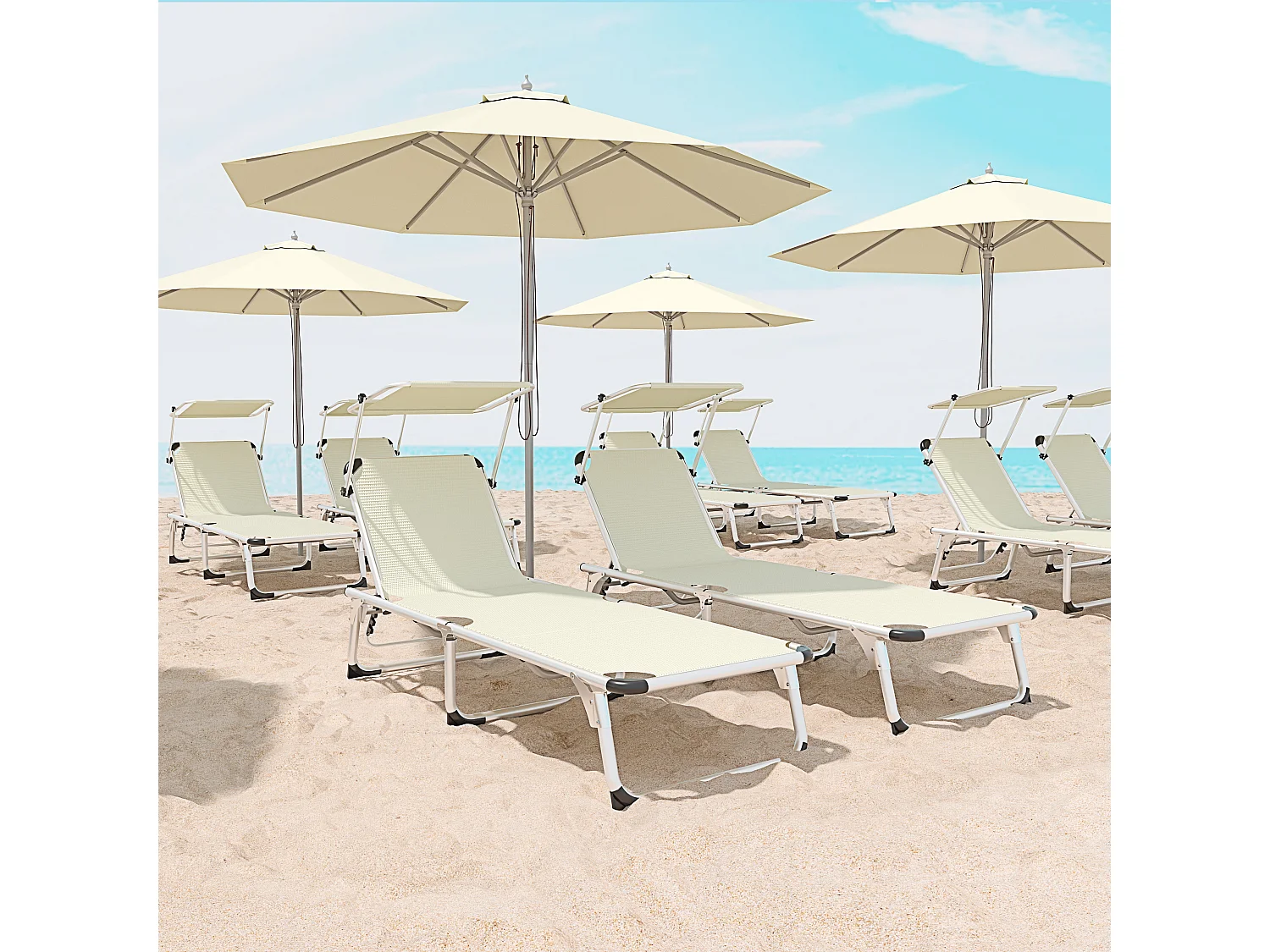 Lettino Pieghevole Prendisole Con Tettuccio Parasole Schienale Reclinabile Regolabile in 6 Posizioni Struttura In Alluminio 187 x 59 x 29 Cm (Beige)