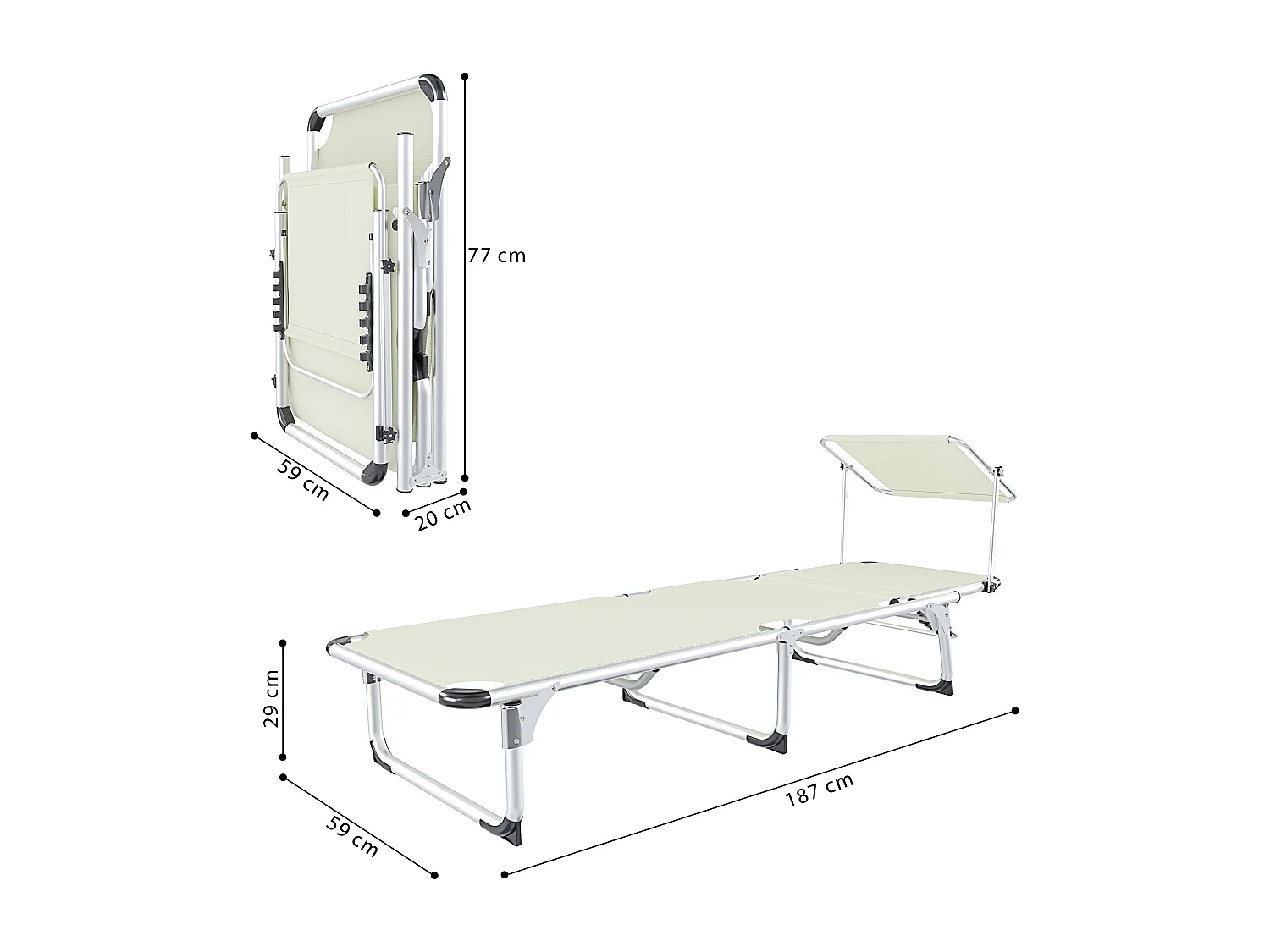 Lettino Pieghevole Prendisole Con Tettuccio Parasole Schienale Reclinabile Regolabile in 6 Posizioni Struttura In Alluminio 187 x 59 x 29 Cm (Beige)