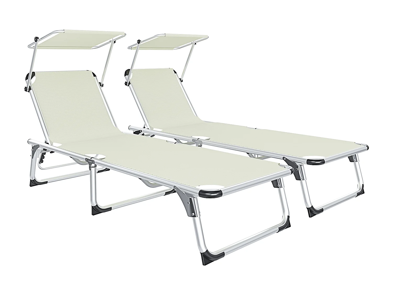 Coppia Di Lettini Pieghevole Prendisole Tettuccio Parasole Schienale Reclinabile Regolabile 6 Posizioni Struttura In Alluminio 187 x 59 x 29 Cm Beige