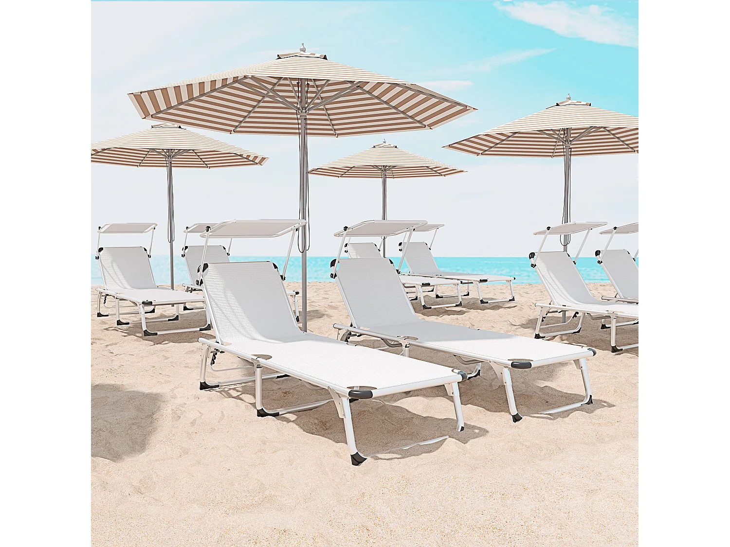 Coppia Di Lettini Pieghevole Prendisole Tettuccio Parasole Schienale Reclinabile Regolabile 6 Posizioni Struttura In Alluminio 187 x 59 x 29 Cm Bianco