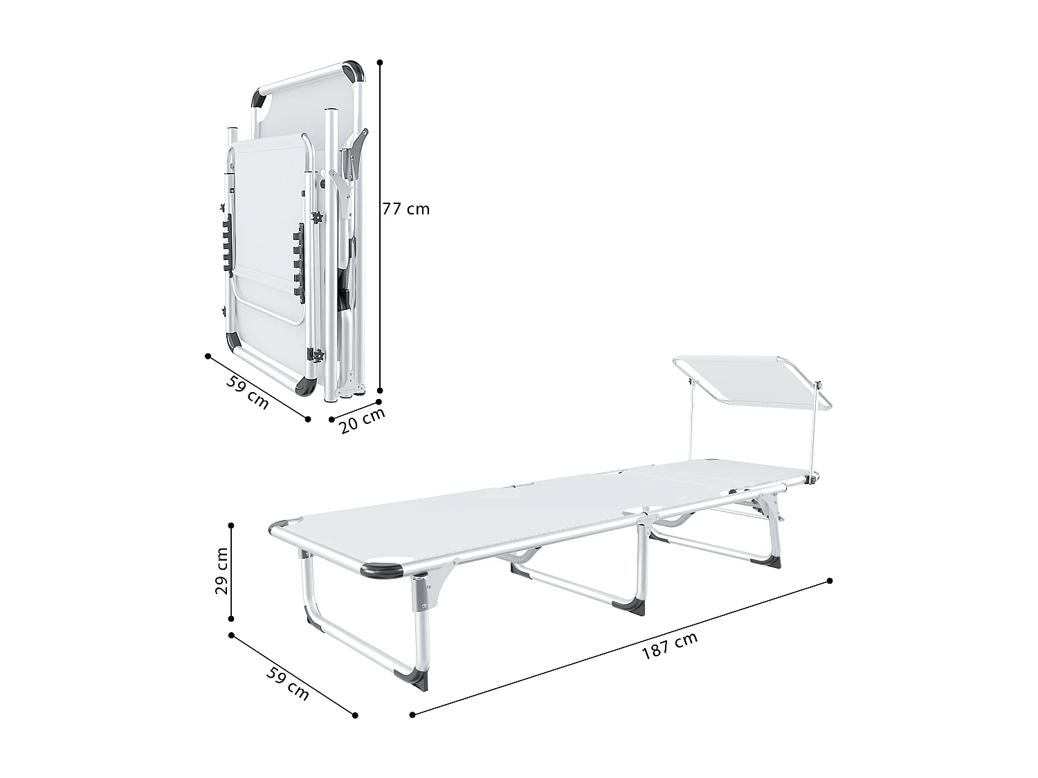 Coppia Di Lettini Pieghevole Prendisole Tettuccio Parasole Schienale Reclinabile Regolabile 6 Posizioni Struttura In Alluminio 187 x 59 x 29 Cm Bianco