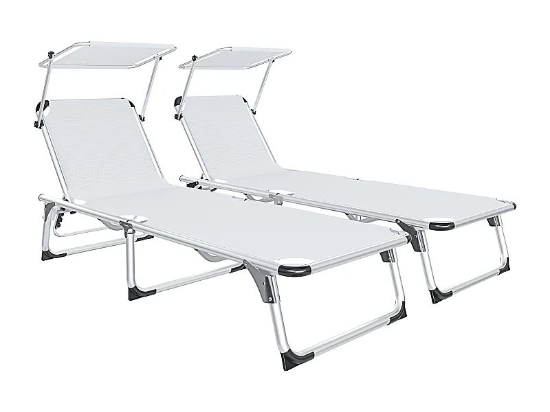 Coppia Di Lettini Pieghevole Prendisole Tettuccio Parasole Schienale Reclinabile Regolabile 6 Posizioni Struttura In Alluminio 187 x 59 x 29 Cm Bianco