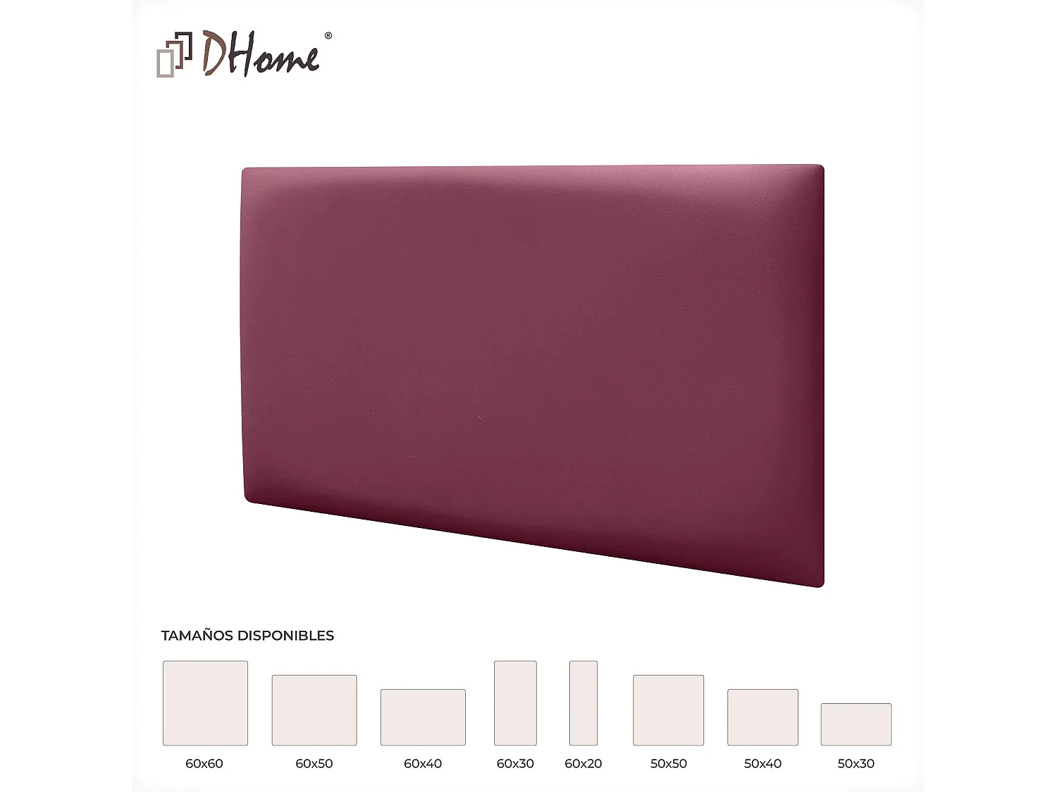 Lot de 1 panneau rembourré en similicuir écologique DHOME, autocollant pour protection acoustique murale absorbante (Rouge vin, 50 x 30 cm, x1)