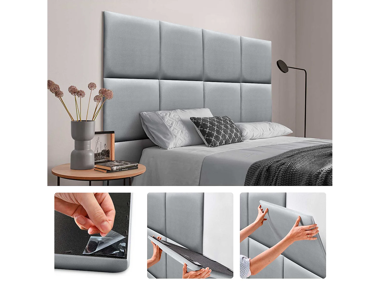 DHOME Panneaux Rembourrés en Similicuir Autocollants pour Mur Acoustiques Absorbants Protection contre les Chocs Têtes de Lit (argent, 50x50cm)