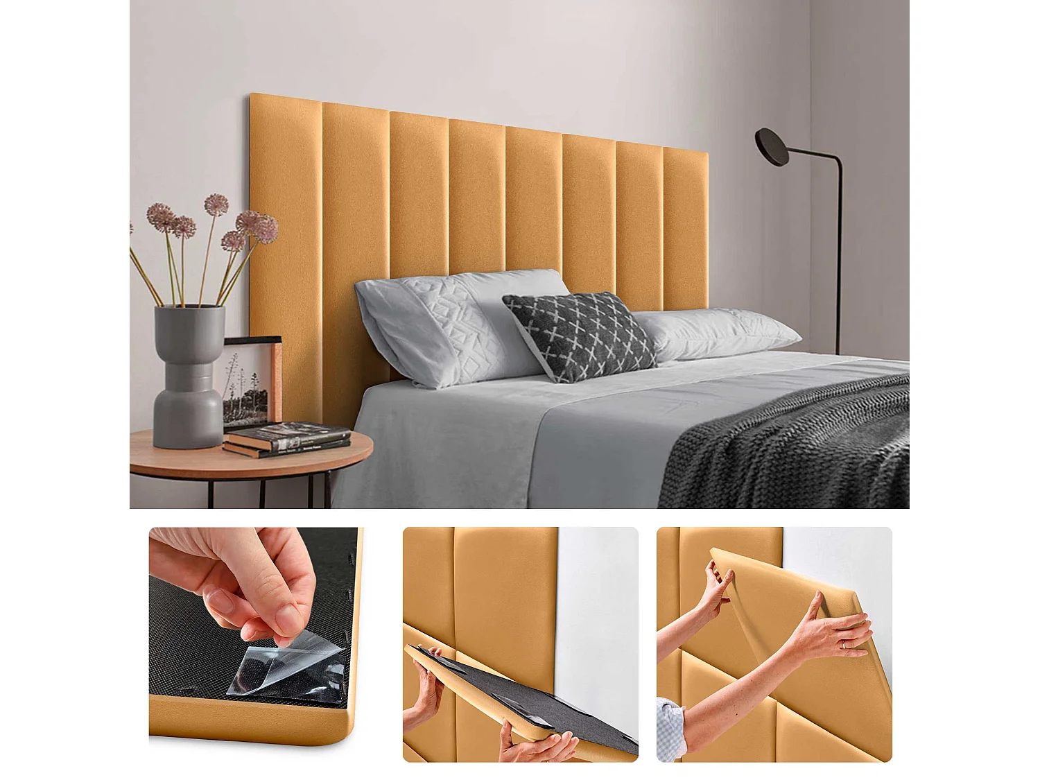 DHOME Pannelli Imbottiti in Similpelle Autoadesivi per Pareti Acustici Assorbenti Protezione dagli Impatti Testiere Decorazione (oro, 60x30cm)