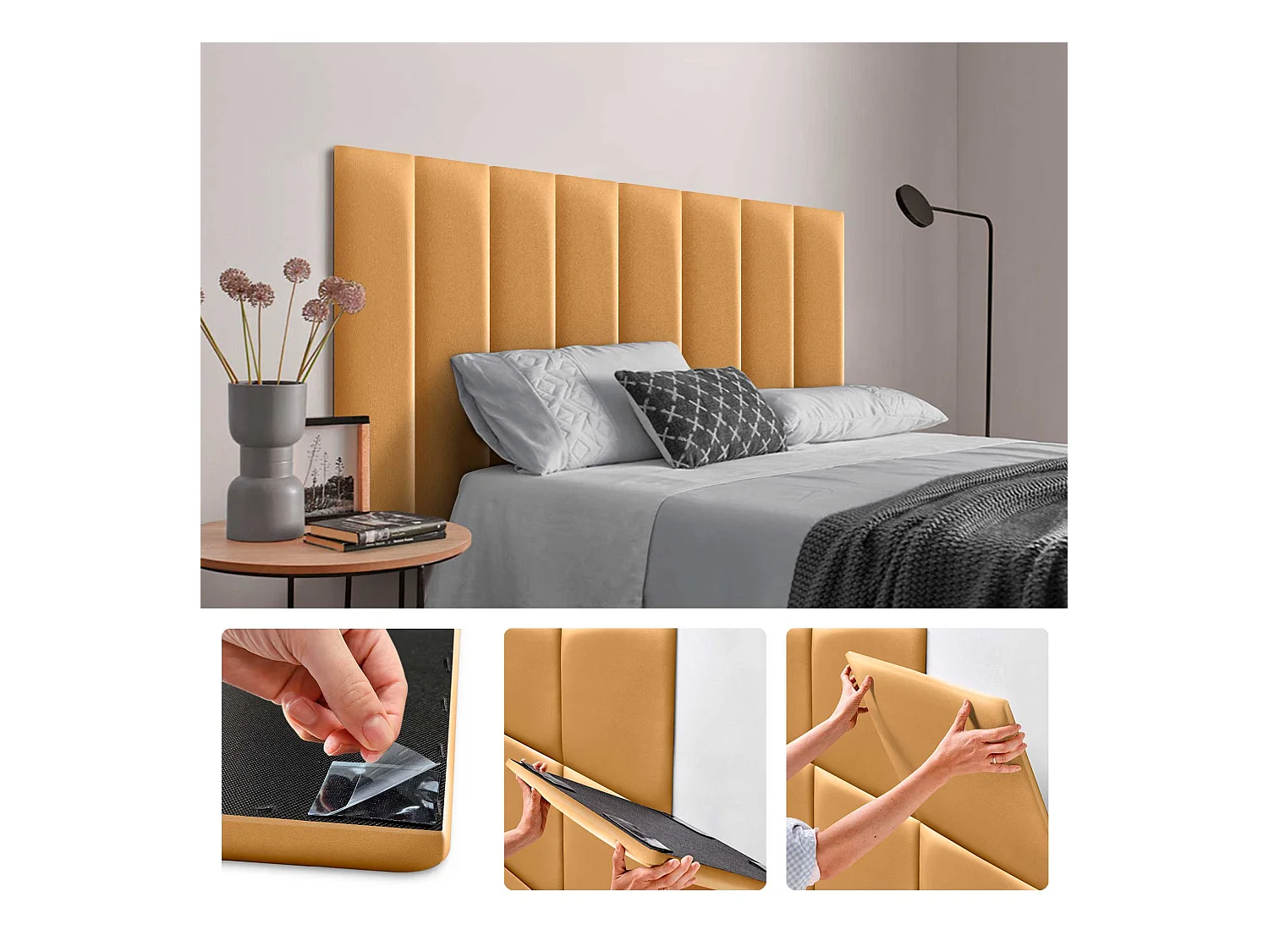 Lot de 1 panneau rembourré en similicuir écologique DHOME autocollant pour protection acoustique murale absorbante (or, 60 x 20 cm, x6)