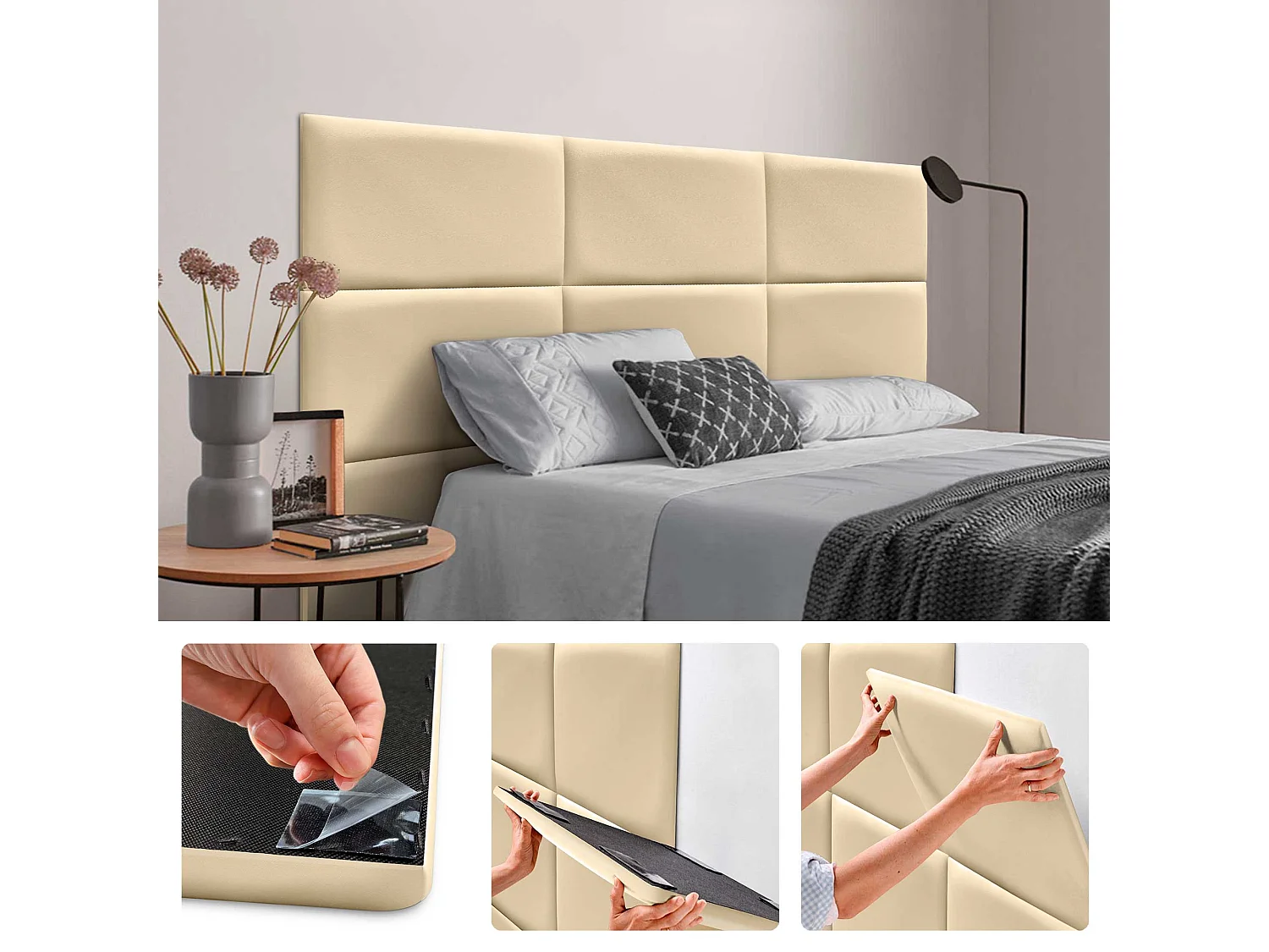 DHOME Panneaux Rembourrés en Similicuir Autocollants pour Mur Acoustiques Absorbants Protection contre les Chocs Têtes de Lit (vanille, 60x40cm)