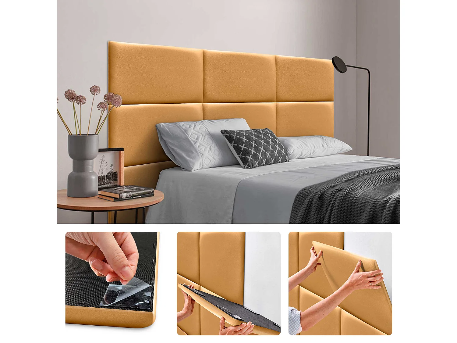 DHOME Panneaux Rembourrés en Similicuir Autocollants pour Mur Acoustiques Absorbants Protection contre les Chocs Têtes de Lit (or, 60x50cm)