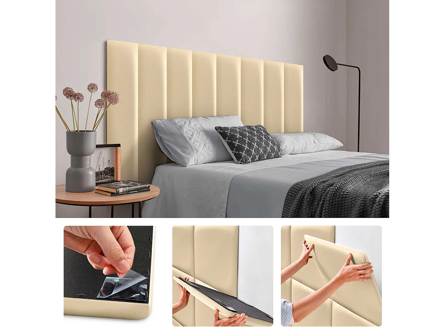 DHOME Panneaux Rembourrés en Similicuir Autocollants pour Mur Acoustiques Absorbants Protection contre les Chocs Têtes de Lit (vanille, 60x20cm)