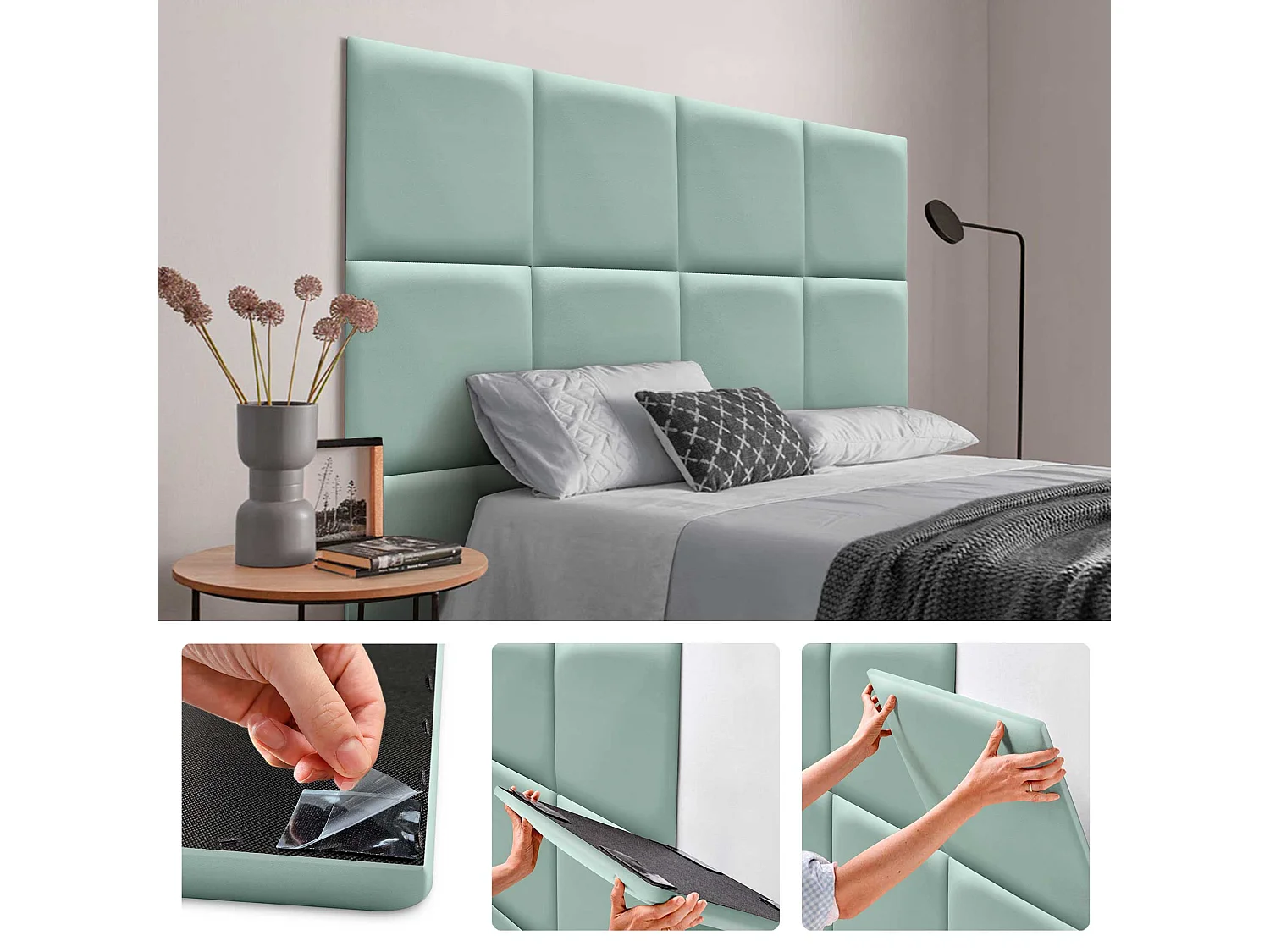 DHOME Panneaux Rembourrés en Similicuir Autocollants pour Mur Acoustiques Absorbants Protection contre les Chocs Têtes de Lit (vert d'eau, 60x60cm)