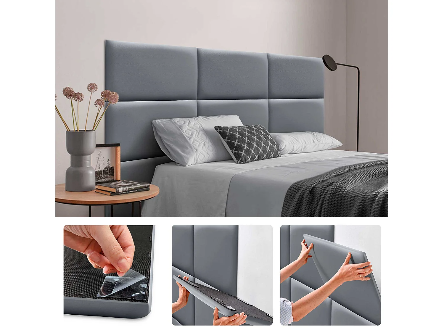 DHOME Panneaux Rembourrés en Similicuir Autocollants pour Mur Acoustiques Absorbants Protection contre les Chocs Têtes de Lit (gris, 50x40cm)