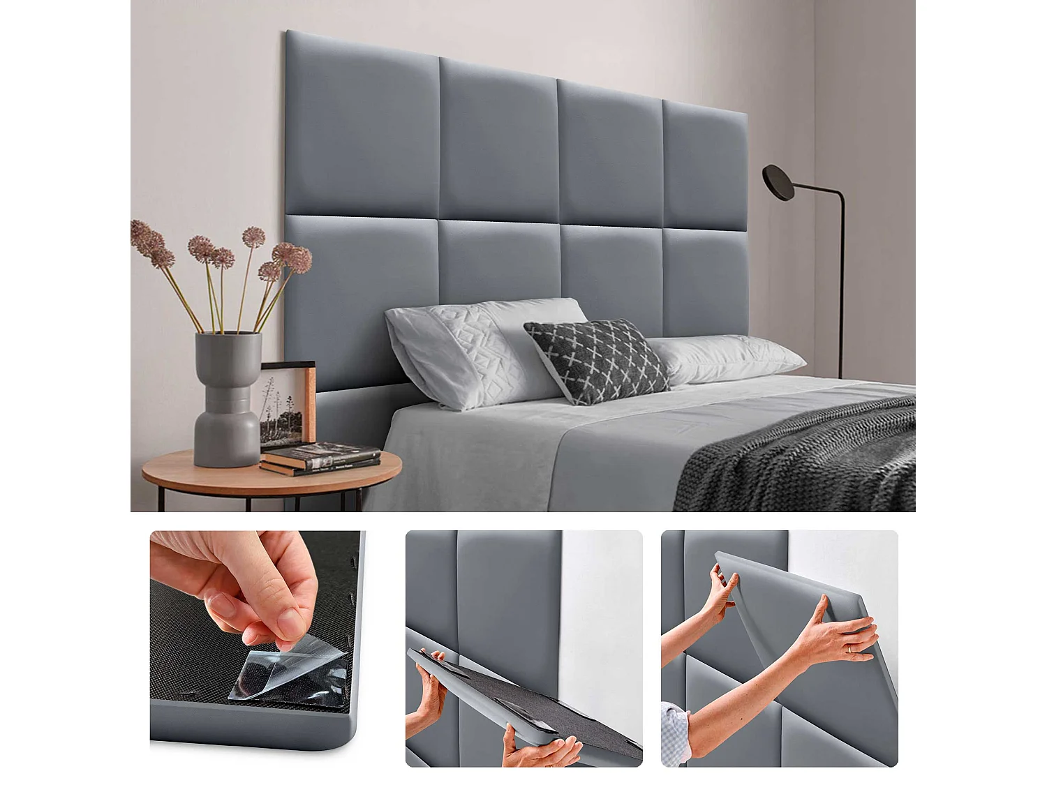 DHOME Panneaux Rembourrés en Similicuir Autocollants pour Mur Acoustiques Absorbants Protection contre les Chocs Têtes de Lit (gris, 60x60cm)